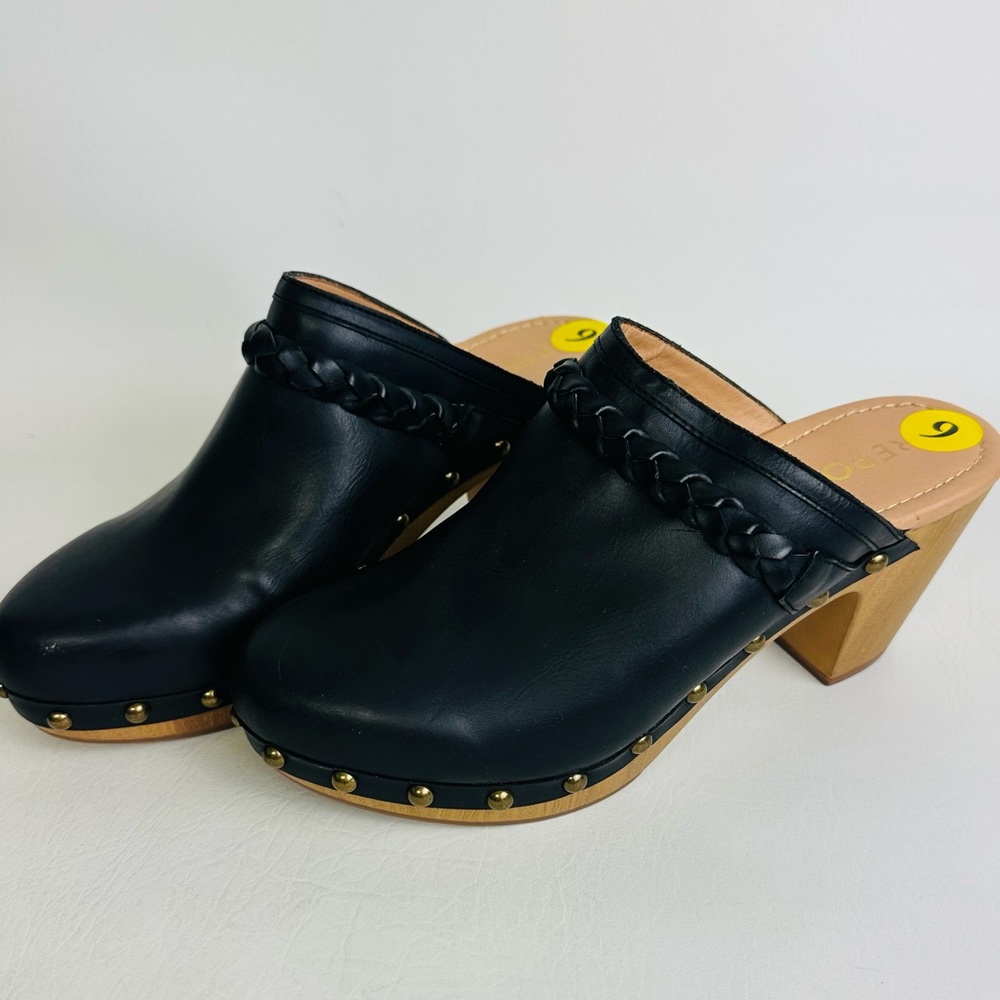 Report Womens Union Studded Mules Leather Slip on Clogs Block Heel Black Sz 9